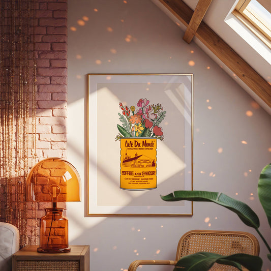 Cafe Du Monde Vase Art Print, Yellow Coffee Can