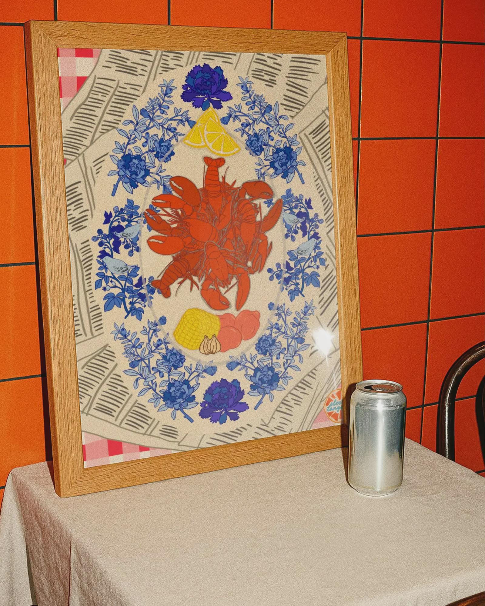 New Orleans Chinoiserie Crawfish Giclee Art Print: Cajun Louisiana Kitchen Decor