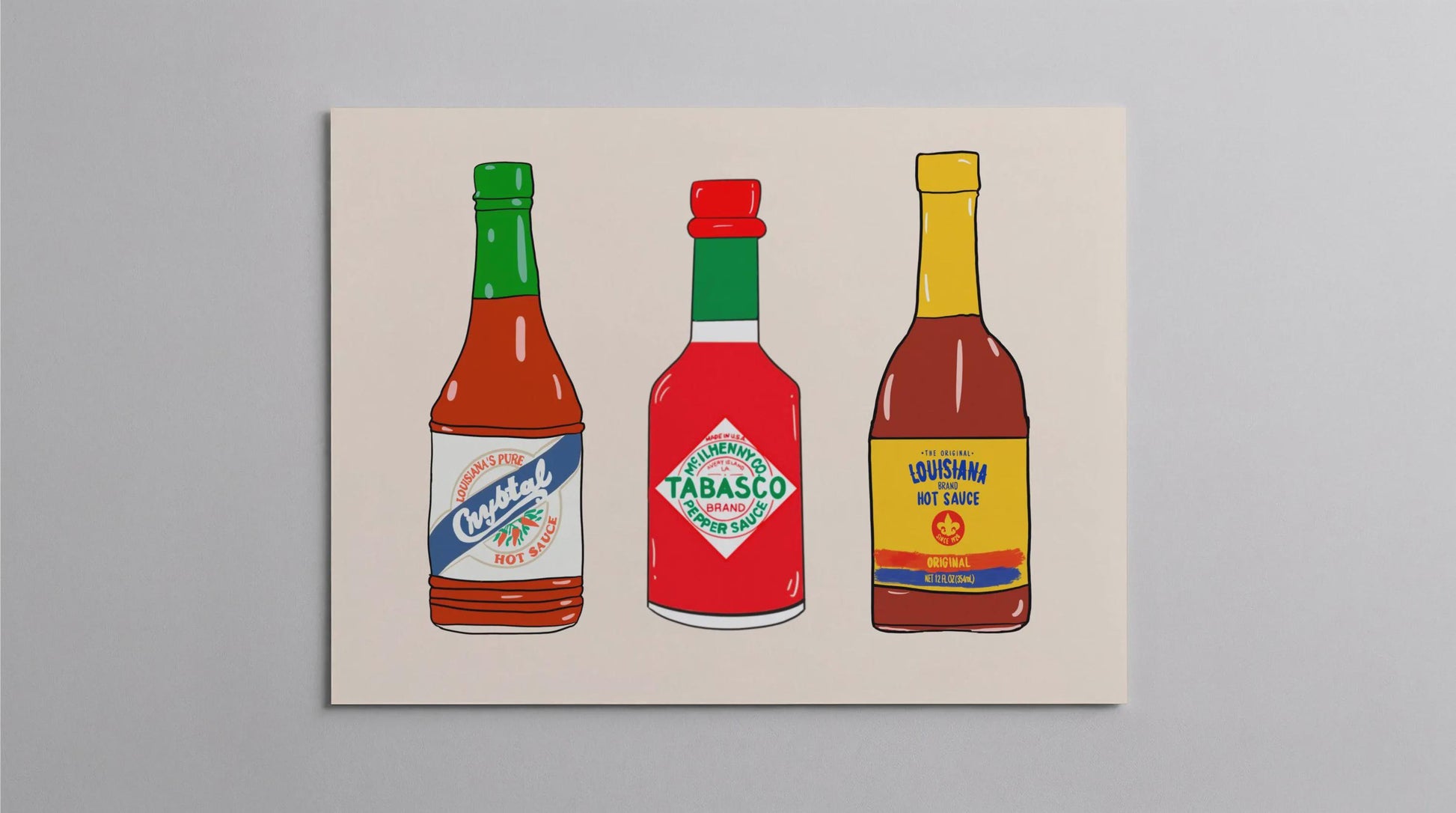 Louisiana Hot Sauce Trio Giclee Art Print: Louisiana Kitchen Decor