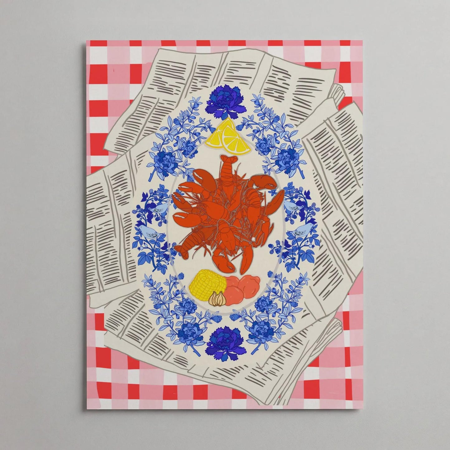 New Orleans Chinoiserie Crawfish Giclee Art Print: Cajun Louisiana Kitchen Decor