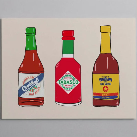Louisiana Hot Sauce Trio Giclee Art Print: Louisiana Kitchen Decor