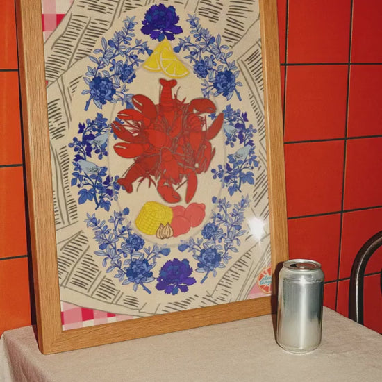 New Orleans Chinoiserie Crawfish Giclee Art Print: Cajun Louisiana Kitchen Decor