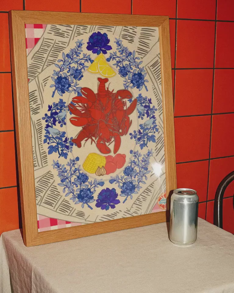 New Orleans Chinoiserie Crawfish Giclee Art Print: Cajun Louisiana Kitchen Decor